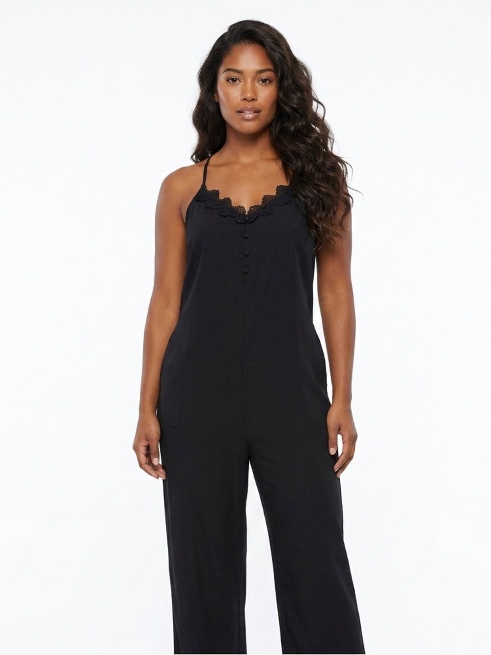 ENTRO | Gaucho Jumpsuit Lace Buttons Black Large